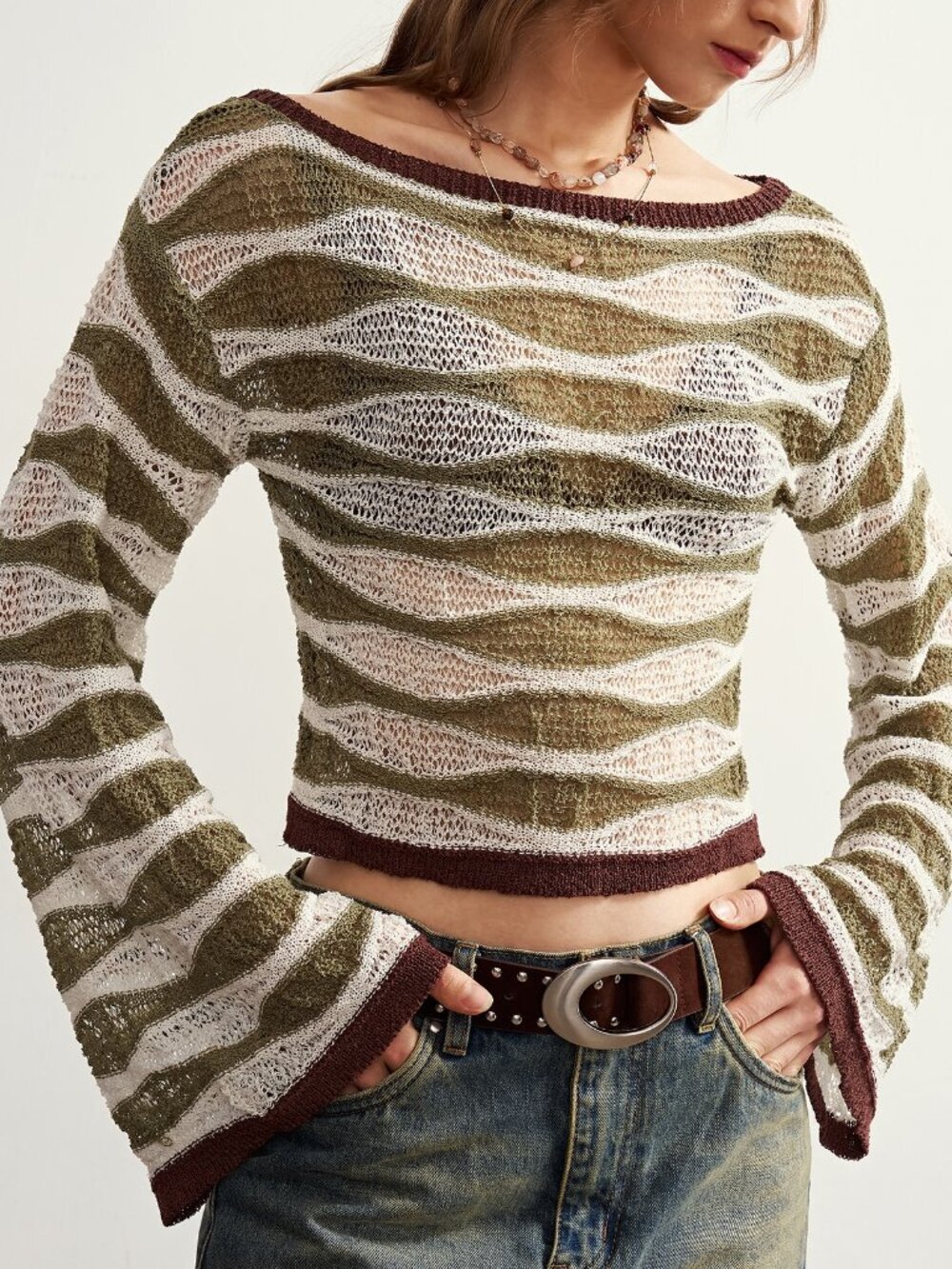 Army Green Casual Women's Ripple Color Block Bell Sleeve Knit Sweater